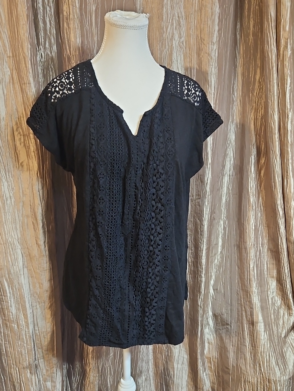 Faded Glory Black Lace-Trim Short Sleeve Blouse